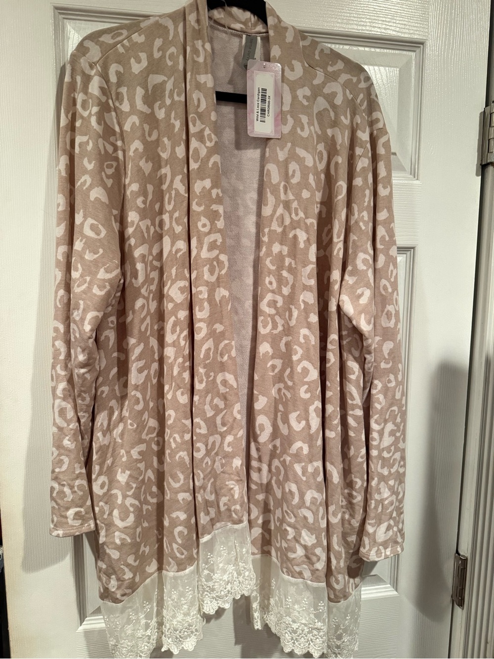 Honeyme Beige and White Leopard Print Lace-Trim Cardigan